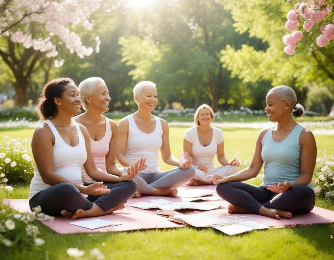 A serene scene featuring a diverse group of cancer survivors, all smiling and sharing their stories in a sunlit park, surrounded by blooming flowers. Include elements like handwritten notes with inspirational quotes scattered around, and wellness icons such as yoga mats and healthy snacks in the foreground. Evoke a feeling of hope, community, and resilience. soft colors. uplifting atmosphere. natural light.