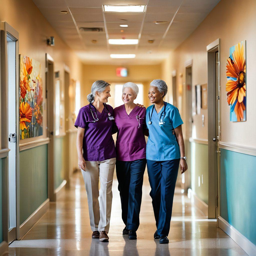A compassionate caregiver gently guiding a cancer patient through a bright and welcoming hospital corridor, infused with warm light and inspirational wall art. Include symbols of hope such as blooming flowers and supportive family members in the scene. The atmosphere is uplifting, encouraging a sense of community and resilience. super-realistic. vibrant colors. soft focus.