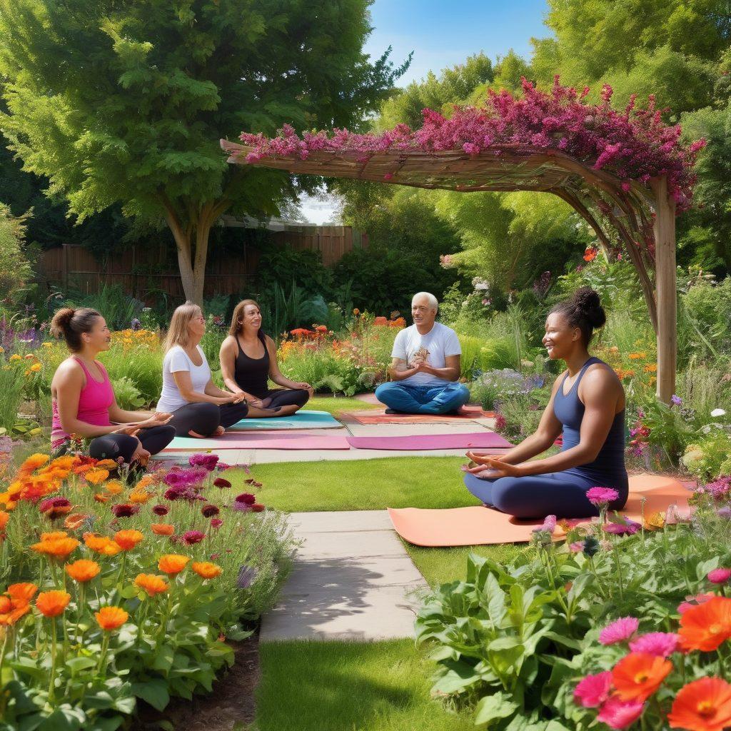 A diverse group of people collaborating in a vibrant community garden, sharing healthy food and engaging in supportive conversations. Show a backdrop of colorful flowers and greenery, symbolizing growth and empowerment. Include elements of wellness like yoga mats and healthy food baskets. Diverse age groups and backgrounds should be represented to reflect inclusivity. bright colors. super-realistic.